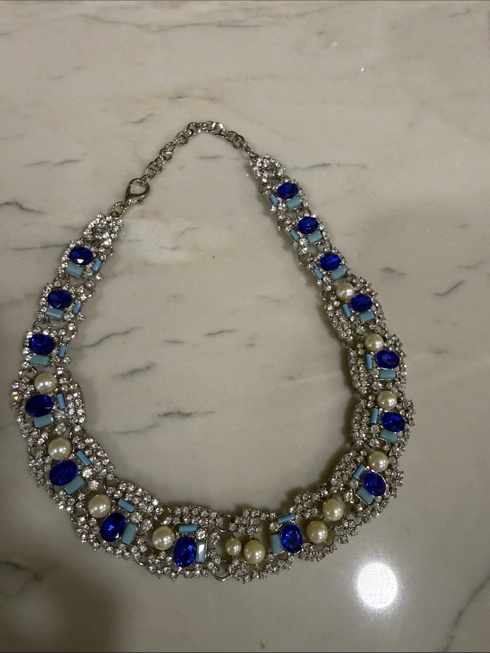Silver-Tone Necklace with Royal Blue Crystals and Pearls